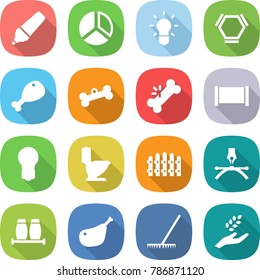 flat vector icon set - marker vector, diagram, bulb, hex molecule, chicken leg, bone, broken, fence, toilet, drawing pen, salt pepper, rake, harvest