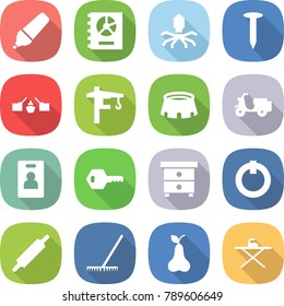 flat vector icon set - marker vector, annual report, virus, nail, drawbridge, tower crane, stadium, scooter shipping, identity card, key, nightstand, on off button, rolling pin, rake, pear