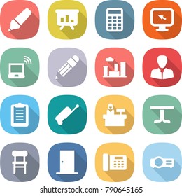 flat vector icon set - marker vector, presentation, calculator, monitor arrow, notebook wireless, pencil, city, client, clipboard, suitcase, reception, table, chair, door, office phone, projector