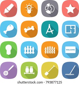 flat vector icon set - marker vector, bulb, circle diagram, star, chicken leg, bone, draw compass, plan, fence, welcome mat, skimmer, salt pepper, shovel, rake