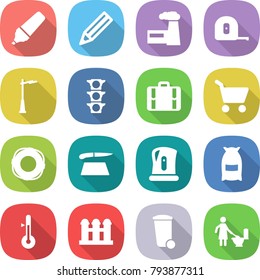 flat vector icon set - marker vector, pencil, factory, measuring tape, outdoor light, traffic, suitcase, cart, lifebuoy, cutting board, kettle, flour, thermometer, grain elevator, trash bin