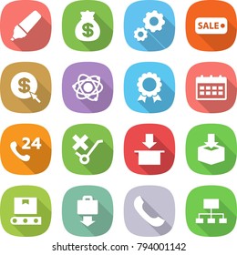 flat vector icon set - marker vector, money bag, gear, sale, dollar arrow, atom, medal, calendar, phone 24, do not trolley sign, package, transporter tape, baggage get, hierarchy