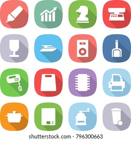 flat vector icon set - marker vector, diagram, chess horse, market scales, fragile, yacht, speaker, scoop, mixer, cutting board, chip, printer, pan, kitchen, hand mill, trash bin