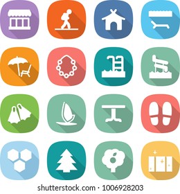 flat vector icon set - market vector, tourist, bungalow, lounger, hawaiian wreath, pool, aquapark, flippers, windsurfing, table, slippers, honeycombs, spruce, garden, clean window
