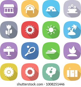 flat vector icon set - market vector, barn, dome house, flower bed, perishable, sun, island, restaurant, tennis, jet ski, sprouting, garden, clean window