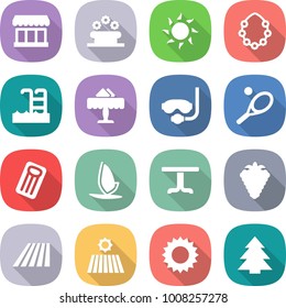 flat vector icon set - market vector, flower bed, sun, hawaiian wreath, pool, restaurant, diving mask, tennis, inflatable mattress, windsurfing, table, berry, field, spruce