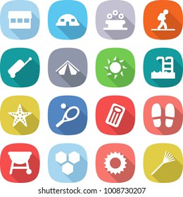 flat vector icon set - market vector, dome house, flower bed, tourist, suitcase, tent, sun, pool, starfish, tennis, inflatable mattress, slippers, bbq, honeycombs, rake