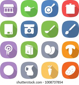 flat vector icon set - market vector, saute pan, kitchen scales, ladle, big spoon, elecric oven, cereals, eggs, mushroom, cookies, jug, carrot, potato