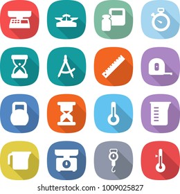 flat vector icon set - market scales vector, weight, stopwatch, sand clock, draw compass, ruler, measuring tape, heavy, thermometer, cup, kitchen, handle