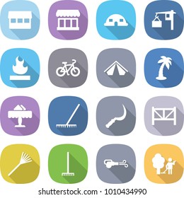 flat vector icon set - market vector, dome house, loading, flammable, bike, tent, palm, restaurant, rake, sickle, farm fence, blower, garden cleaning