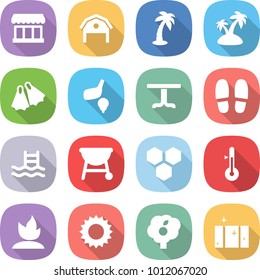 flat vector icon set - market vector, barn, palm, island, flippers, golf, table, slippers, pool, bbq, honeycombs, thermometer, sprouting, sun, garden, clean window