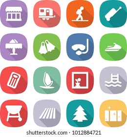 flat vector icon set - market vector, trailer, tourist, suitcase, restaurant, flippers, diving mask, jet ski, inflatable mattress, windsurfing, flower in window, pool, bbq, field, spruce, clean