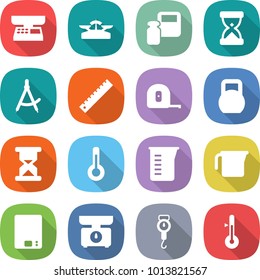 flat vector icon set - market scales vector, weight, sand clock, draw compass, ruler, measuring tape, heavy, thermometer, cup, kitchen, handle