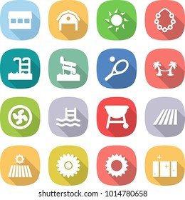 flat vector icon set - market vector, barn, sun, hawaiian wreath, pool, aquapark, tennis, palm hammock, cooler fan, bbq, field, flower, clean window
