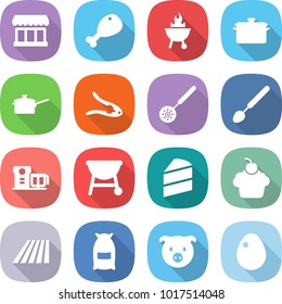 flat vector icon set - market vector, chicken leg, bbq, pan, saute, walnut crack, skimmer, big spoon, food processor, cake, cupcake, field, flour, pig, egg