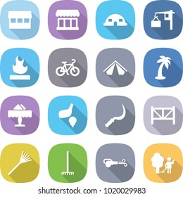 flat vector icon set - market vector, dome house, loading, flammable, bike, tent, palm, restaurant, golf, sickle, farm fence, rake, blower, garden cleaning