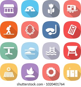 flat vector icon set - market vector, dome house, perishable, trailer, tourist, hawaiian wreath, diving mask, inflatable mattress, table, slippers, pool, bbq, field, sprouting, sun, clean window