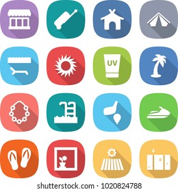 flat vector icon set - market vector, suitcase, bungalow, tent, lounger, sun, uv cream, palm, hawaiian wreath, pool, golf, jet ski, flip flops, flower in window, field, clean