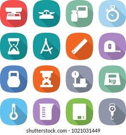 flat vector icon set - market scales vector, weight, stopwatch, sand clock, draw compass, ruler, measuring tape, heavy, warehouse, thermometer, cup, kitchen, handle