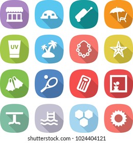 flat vector icon set - market vector, dome house, suitcase, lounger, uv cream, island, hawaiian wreath, starfish, flippers, tennis, inflatable mattress, flower in window, table, pool, honeycombs