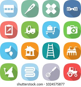 flat vector icon set - market vector, medical thermometer, patch, school, clipboard pen, fork loader, baggage trolley, camera, golf, home, ladder, factory, satellite antenna, towel, whisk, tractor