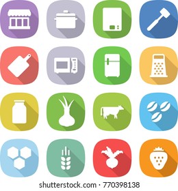 flat vector icon set - market vector, pan, kitchen scales, meat hammer, cutting board, microwave oven, fridge, grater, bank, onion, cow, coffee seeds, honeycombs, spike, beet, strawberry