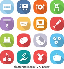 flat vector icon set - market vector, fast deliver, cafe, Chair for babies, corkscrew, colander, cooking book, blender, salt pepper, potato, croissant, coffee seeds, cherry, harvest, beet, tomato
