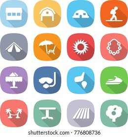flat vector icon set - market vector, barn, dome house, tourist, tent, lounger, sun, hawaiian wreath, restaurant, diving mask, golf, jet ski, palm hammock, table, field, garden