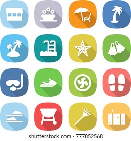 flat vector icon set - market vector, flower bed, lounger, palm, island, pool, starfish, flippers, diving mask, jet ski, cooler fan, slippers, bbq, rake, clean window