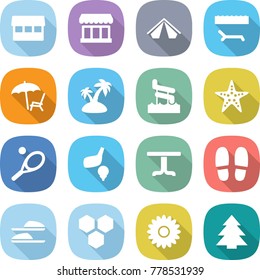 flat vector icon set - market vector, tent, lounger, island, aquapark, starfish, tennis, golf, table, slippers, honeycombs, flower, spruce