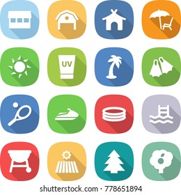 flat vector icon set - market vector, barn, bungalow, lounger, sun, uv cream, palm, flippers, tennis, jet ski, inflatable pool, bbq, field, spruce, garden
