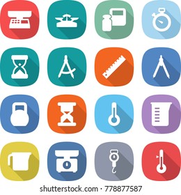 flat vector icon set - market scales vector, weight, stopwatch, sand clock, draw compass, ruler, drawing compasses, heavy, thermometer, measuring cup, kitchen, handle