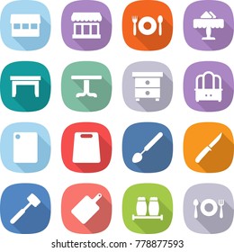 flat vector icon set - market vector, cafe, restaurant, table, nightstand, dresser, cutting board, big spoon, knife, meat hammer, salt pepper, fork plate
