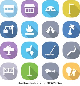 flat vector icon set - market vector, dome house, outdoor light, loading, flammable, tent, palm, restaurant, golf, rake, sickle, farm fence, blower, garden cleaning