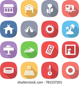 flat vector icon set - market vector, barn, perishable, trailer, bungalow, tent, sun, island, restaurant, jet ski, inflatable mattress, flower in window, pool, field, thermometer