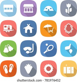 flat vector icon set - market vector, dome house, perishable, trailer, bungalow, lounger, hawaiian wreath, flippers, diving mask, tennis, golf, flip flops, berry, sun, clean window