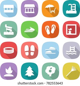 flat vector icon set - market vector, lounger, pool, aquapark, jet ski, flip flops, flower in window, inflatable, slippers, sprouting, spruce, garden, rake