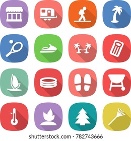flat vector icon set - market vector, trailer, tourist, palm, tennis, jet ski, hammock, inflatable mattress, windsurfing, pool, slippers, bbq, thermometer, sprouting, spruce, rake