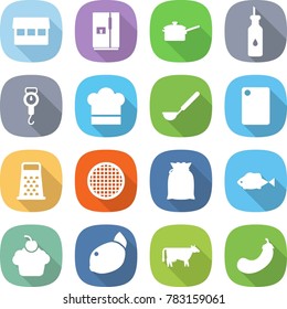 flat vector icon set - market vector, fridge, saute pan, vegetable oil, handle scales, cook hat, ladle, cutting board, grater, sieve, flour, fish, cupcake, lemon, cow, eggplant