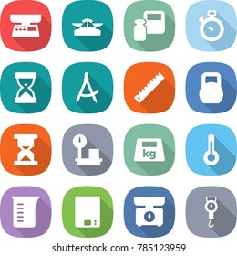 flat vector icon set - market scales vector, weight, stopwatch, sand clock, draw compass, ruler, heavy, warehouse, thermometer, measuring cup, kitchen, handle