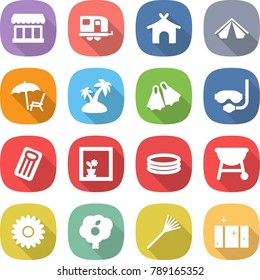 flat vector icon set - market vector, trailer, bungalow, tent, lounger, island, flippers, diving mask, inflatable mattress, flower in window, pool, bbq, garden, rake, clean