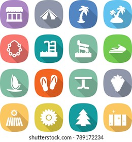 flat vector icon set - market vector, tent, palm, island, hawaiian wreath, pool, aquapark, jet ski, windsurfing, flip flops, table, berry, field, flower, spruce, clean window