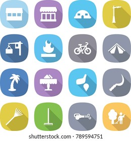 flat vector icon set - market vector, dome house, outdoor light, loading, flammable, bike, tent, palm, restaurant, golf, sickle, rake, blower, garden cleaning