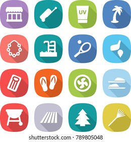 flat vector icon set - market vector, suitcase, uv cream, palm, hawaiian wreath, pool, tennis, golf, inflatable mattress, flip flops, cooler fan, slippers, bbq, field, spruce, rake