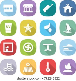 flat vector icon set - market vector, suitcase, bungalow, uv cream, starfish, golf, windsurfing, flower in window, cooler fan, table, slippers, pool, field, thermometer, sprouting