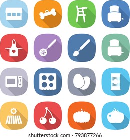 flat vector icon set - market vector, bone, Chair for babies, toaster, apron, skimmer, big spoon, microwave oven, hob, eggs, pasta, field, cherry, pumpkin, tomato