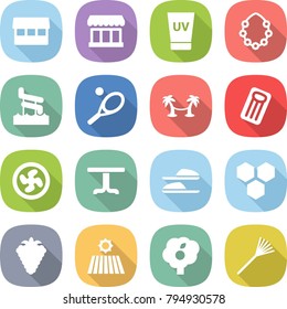 flat vector icon set - market vector, uv cream, hawaiian wreath, aquapark, tennis, palm hammock, inflatable mattress, cooler fan, table, slippers, honeycombs, berry, field, garden, rake
