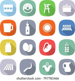 flat vector icon set - market vector, donut, Chair for babies, pan, cup, vegetable oil, gas oven, spices, bank, eggs, beans, spike, field, sickle, corn, jug