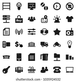 Flat vector icon set - measuring cup vector, document, dollar cursor, t shirt, pool, no fastfood, navigator, phone, clock, sorting, shelving, radio, video camera, mobile, group, pills, server, siren