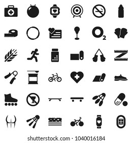 Flat vector icon set - measuring vector, pills vial, bike, hand trainer, punching bag, fitball, buttocks, snickers, boxing glove, roller Skates, skateboard, target, sports nutrition, heart monitor